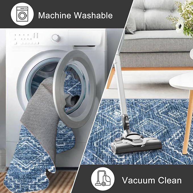 KILOCOCO Living Room Rug 5x7 Area Rug Printed Boho Washable Bedroom Rugs Non Slip Soft Large Moroccan Indoor Rugs for Dining Room Office Farmhouse Geometric Carpet, Stonewashed Blue