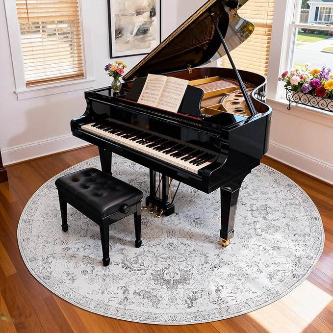 jinchan Kalen Round Rug 8ft Area Rug Washable Vintage Indoor Retro Floor Cover Distressed Gray Floral 8' Round Circle Boho Non Slip Thin Carpet for Living Room Dining Room Bedroom Kitchen Grey