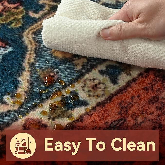 YJ.GWL Area Rugs for Living Room 10x14 Machine Washable Rugs, Non Slip Floral Vintage Rug Indoor Carpet, Stain Resistant Large Rug for Bedroom Dining Room, Orange-Red