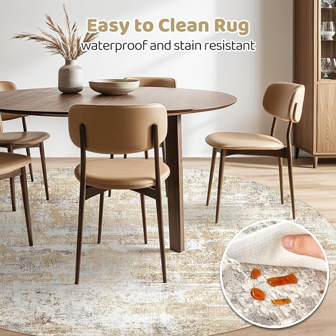 Round Rug Living Room Rugs: 6Ft Washable Circle Large Abstract Modern Soft Stain Resistant Non Slip Indoor Floor Carpet for Bedroom Nursery Office Dining Room Dorm Home House Decor- Gray Gold