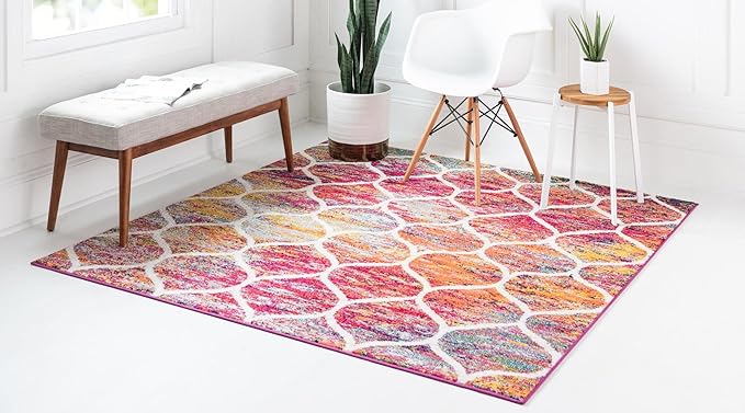 Rugs.com Lattice Frieze Collection Rug – 7' Square Multi Medium Rug Perfect for Living Rooms, Kitchens, Entryways