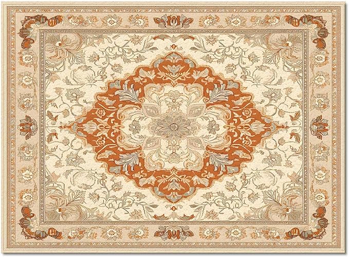 Orange Bohemian Rectangular Area Rugs for Living Room Bedroom 2.8 x 5 ft Vintage Farmhouse Floral Pattern Non-Shedding Soft Low Pile Rug Non Slip Washable Rug for Nursery Entryway Playroom