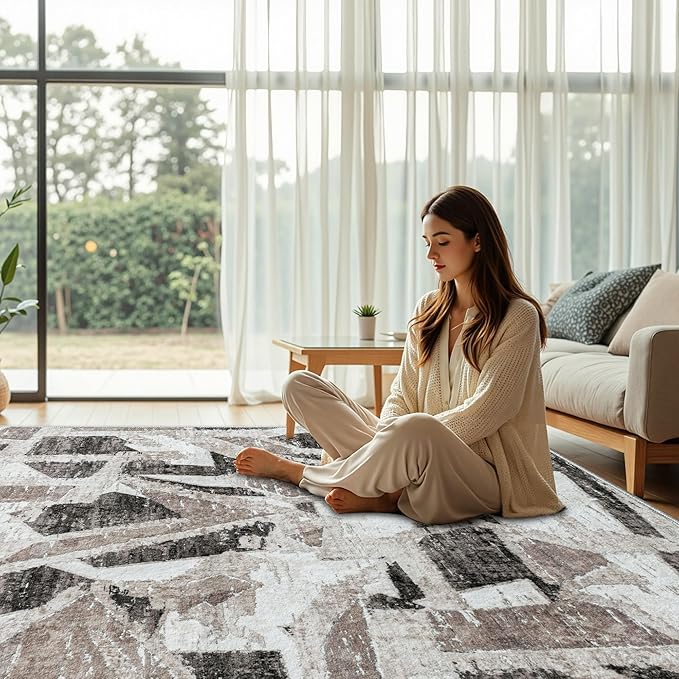5X7 Area Rugs for Living Room Bedroom,Modern Abstract Large Carpet Washable Rugs 5X7 for Dining Room Office,Non Slip Gray Print Faux Wool Thin 5 by 7 Indoor Nursery Kids Home Pet & Child Friendly