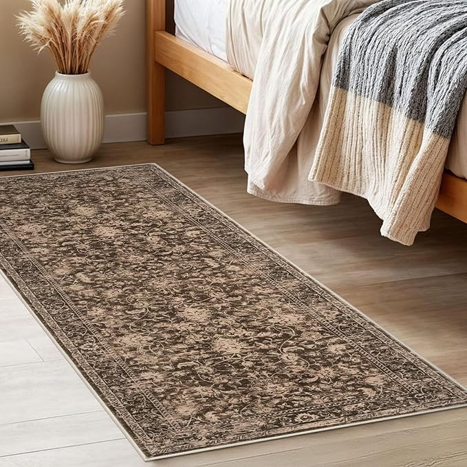 KILOCOCO Hallway Runner 2x5 Kitchen Runner Rug Printed Vintage Floral Washable Non-Slip Runners for Hallways Laundry Room Rugs Distressed Boho Rug Runners for Bedroom, Rust Brown Red