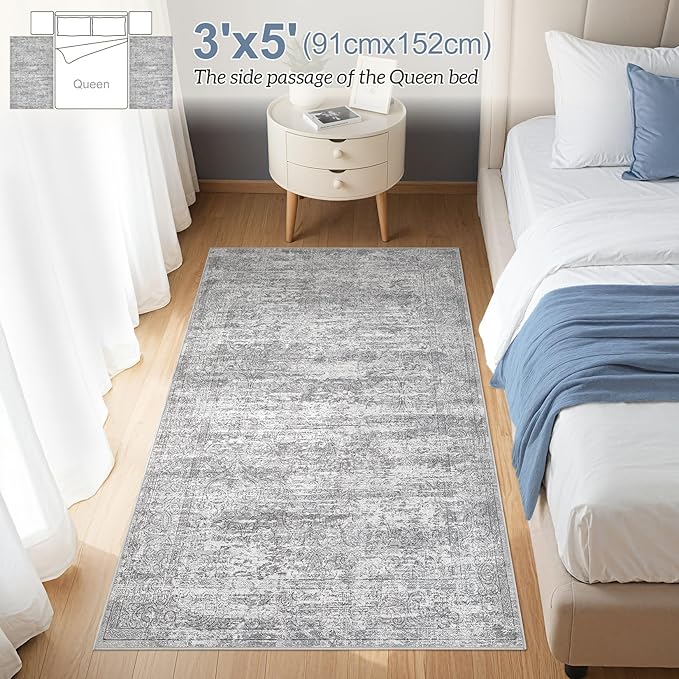 Washable Area Rug: 3x5 ft Abstract Small Rugs for Entryway Kitchen Living Room Bedroom - Non Slip Modern Neutral Carpet Indoor Front Door - Vintage Grey