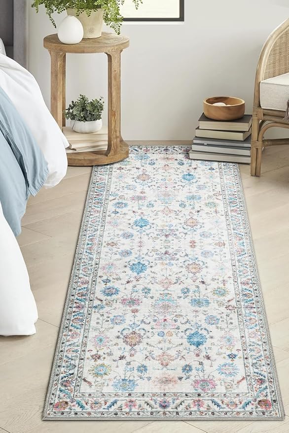 COMSLE Runner Rug, 2x6 Washable Area Rugs for Hallway Faux Wool Small Throw Rug Distressed Kitchen Non-Slip Laundry Room Carpet Boho Runner for Entryway Indoor Door Mat Bedroom Pink Floral