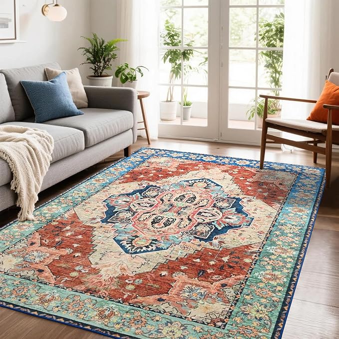 Area Rugs 5x7, Low Pile Washable Rugs, Soft Vintage Distressed Rugs for Bedroom, Living Room, Dining Room, Water Repellent, Non Shedding, Terracotta