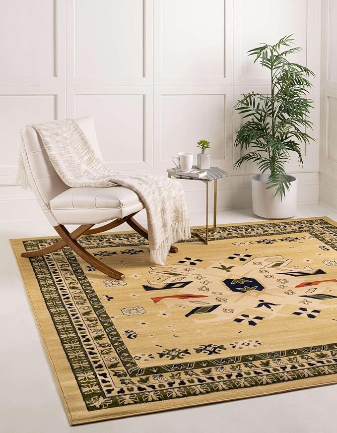 Unique Loom Taftan Collection Border Geometric Tribal Inspired Design Area Rug (8' 0 x 8' 0 Square, Gold/ Gray)