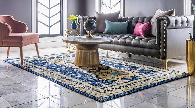 Unique Loom Taftan Collection Border Geometric Tribal Inspired Design Area Rug (5' 0 x 8' 0 Rectangular, Navy Blue/ Gold)