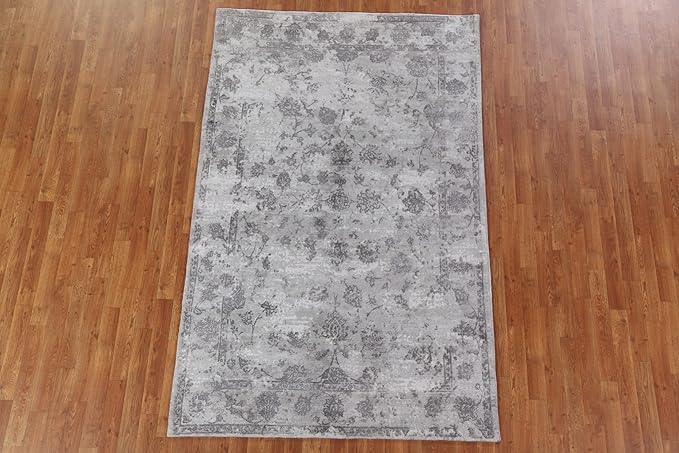 Rug Source Modern Collection, 5x8 Abstract Rug, Hand Knotted Greys & Charcoal Floral Rug, Oriental 100% Silk Carpet for Foyer, Entryway and Hallway