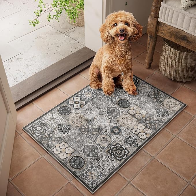 Washable 2'x3' Non Slip Rug Vintage Soft Low Pile Lightweight Small Area Rugs for High-Traffic Areas (Entryway, Kitchen, Hallway), Farmhouse Decor