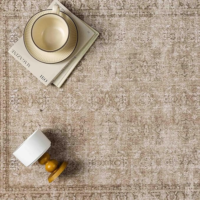2x8 Light Brown Area Rug Runners for Hallways Washable Vintage Distressed Carpet Low Pile Non Slip Indoor Retro Soft Long Accent Rug Bedroom Kitchen Bathroom Laundry Dining Living Room