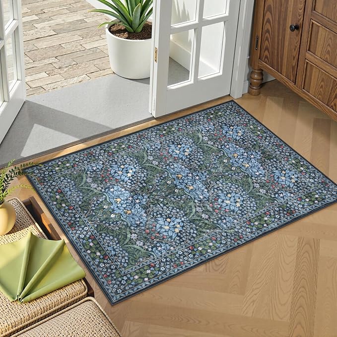 Lahome Floral Entryway Rug, 2x3 Kitchen Rugs Non Slip Washable Boho Blue Forest Design, Soft Door Mat Indoor Entrance, Ultra-Thin Easy Clean Small Throw Carpet for Bedroom Bathroom, Blue