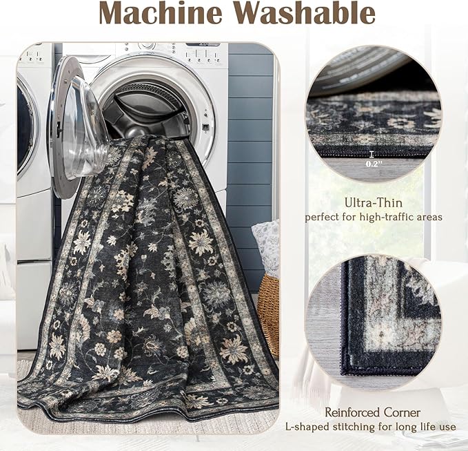 Washable Area Rug 5x8 - Traditional Floral Living Room Rug Soft Bedroom Rug Ultra-Thin Charcoal Black Vintage Farmhouse Bohemian Dining Room Rugs for Under Table Indoor Carpet for Living Room