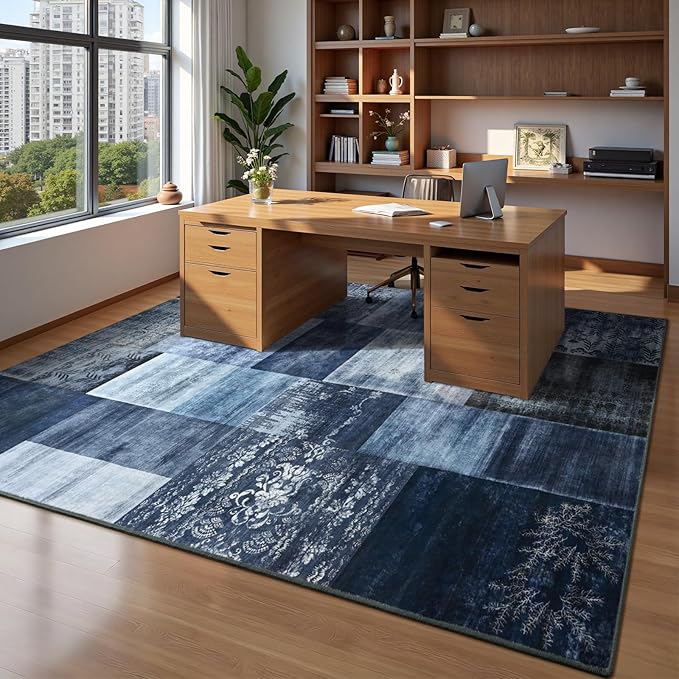 DweIke Washable Area Rugs for Living Room, 6x9 Large Bedroom Rugs, Geometric Print Non Slip Low Pile Indoor Throw Carpets for Bedroom Apartment Dining Room Home Office Hardwood Floor, Navy Blue