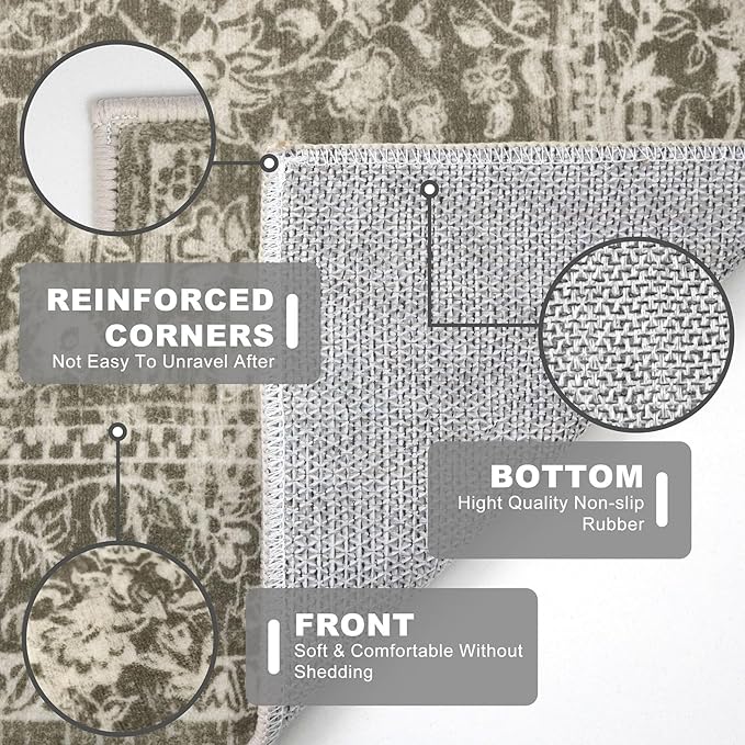 KILOCOCO Moroccan Small Area Rug 2x3 Entryway Rugs Printed Vintage Floral Washable Rug Non-Slip Kitchen Rug Indoor Door Mat, Accent Throw Small Rugs for Laundry Room Bedroom Entrance, Taupe/Green