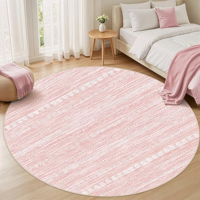 Nakagishi Round Rug Kitchen Washable Rugs: 6x6 Non-Slip Boho Soft Modern Stain Resistant Indoor Floor Neutral Farmhouse Throw Carpet for Hallway Bathroom Laundry Room Entryway Bedroom- Pink