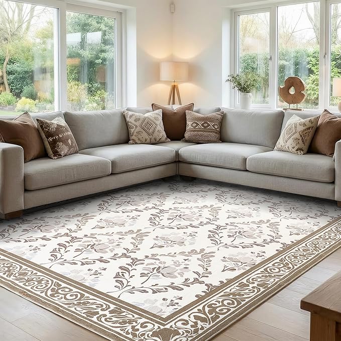 SOULFUL Medium Pile 4x6 Rugs for Living Room - Soft Underfoot Area Rug - Brown Boho Floral - Washable Non-Slip - Perfect for Bedroom Kids Room Under Dining Table Office