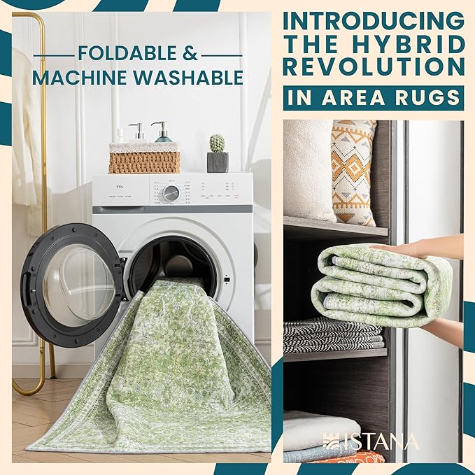Istana 6x9 Area Rug - Light Green Rugs for Living Room 6x9 - Foldable Boho Rugs for Bedroom - Stain Resistant Washable Rug - Eco-Friendly Area Rugs - Easy to Clean Living Room Rug
