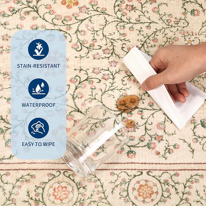 GarveeHome Boho 5x7 Area Rug for Bedroom, Floral Vintage Rugs for Living Room with Soft Low Pile, Non Slip Botanical Washable Rugs 5x7 for Dining Room Camel Carpet for Entryway Dorm Office Playroom
