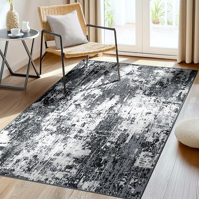 Washable Area Rugs 4'x6' Non-Slip Modern Abstract Soft for Living Room Entryway Bedroom Nursery, Print Pattern, Black Gray