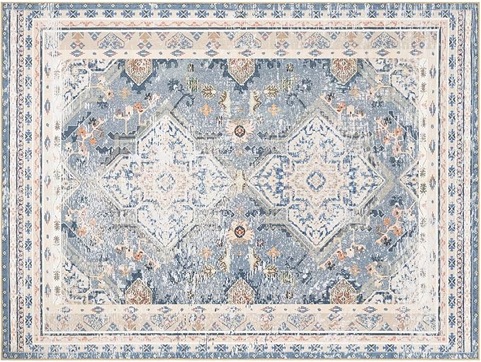 Phantoscope Washable Area Rug 9'x12' Non-Slip, Vintage Neutral Rugs for Living Room, Bedroom, Dining Room, Distressed Boho Geometric Medallion Pattern, Low-Pile Foldable Floor Carpet, Dusty Blue/Multi