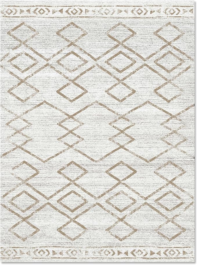 jinchan Moroccan 5x7 Area Rugs for Bedroom - Machine Washable Soft Modern Geometric Stain Resistant Non-Slip Ultra-Thin Low-Pile Faux Wool Carpet for Living Room Kitchen Dining Room (5x7ft, Taupe)