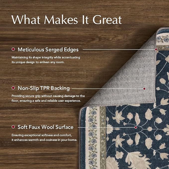 EVERGRACE Hallyway Area Runner Rugs 2x10, Boho Floral Faux Wool Indoor Outdoor Rugs, Washable Rugs for Bedroom Dining Room Living Room Kitchen, Low Pile Floor Mat Carpet for Home Decor, Navy Blue