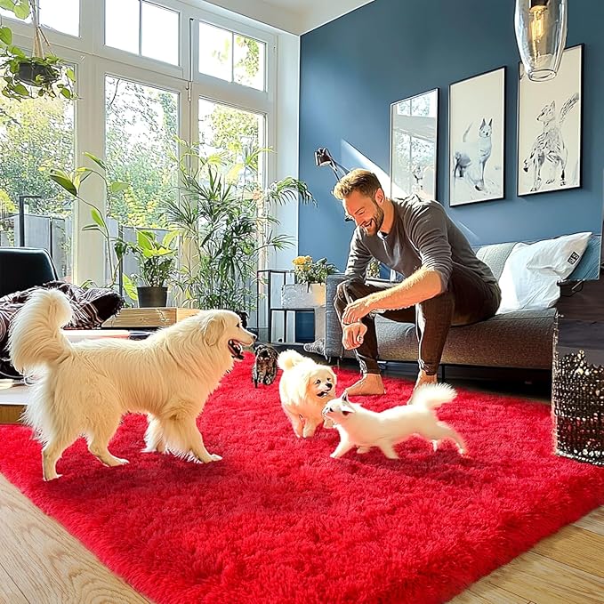 Red Fluffy Rug Plush Carpet for Bedroom Dorm, Non-Slip High Pile Rug, Shag Rug for Playroom Nursery Home Office Decor 6X9 Ft