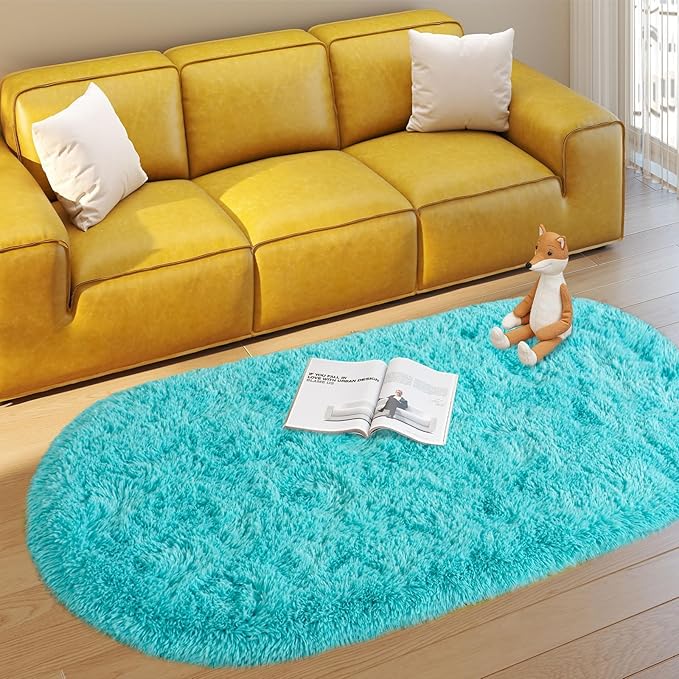 Soft Fluffy Area Rug for Bedroom, Teal Blue Fuzzy Shaggy Oval Throw Rugs for Bedside, Non-Slip Cozy Plush Shag Carpet for Kids Room Nursery Dorm Living Room, 2.6 x 5.3 Feet