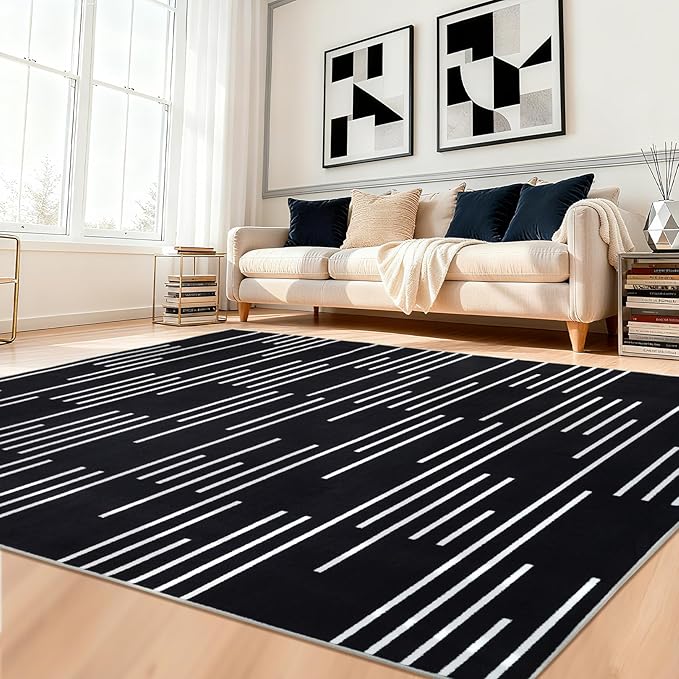 YIHOUSE Abstract Washable Rug 5x7,Ultra Thin Non Slip Black Rugs for Living Room,Modern Minimalist White Stripe Rugs for Bedroom,Dining Room Office Playroom (5'x7',Black-3)