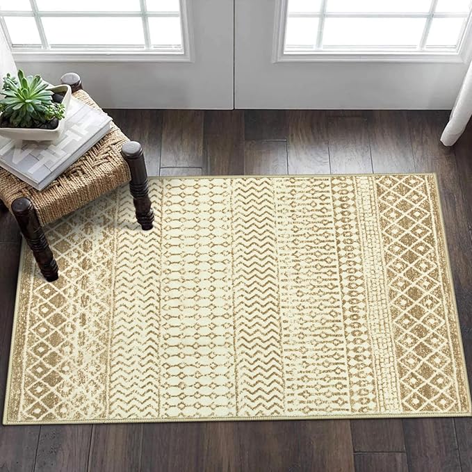 Moroccan Washable Rug for Bedroom, 2x3 Tan Distressed Door Mat Non Slip Kitchen Rug, Low-Pile Soft Faux Wool Floor Carpet for Entryway Kitchen Bathroom Bedroom