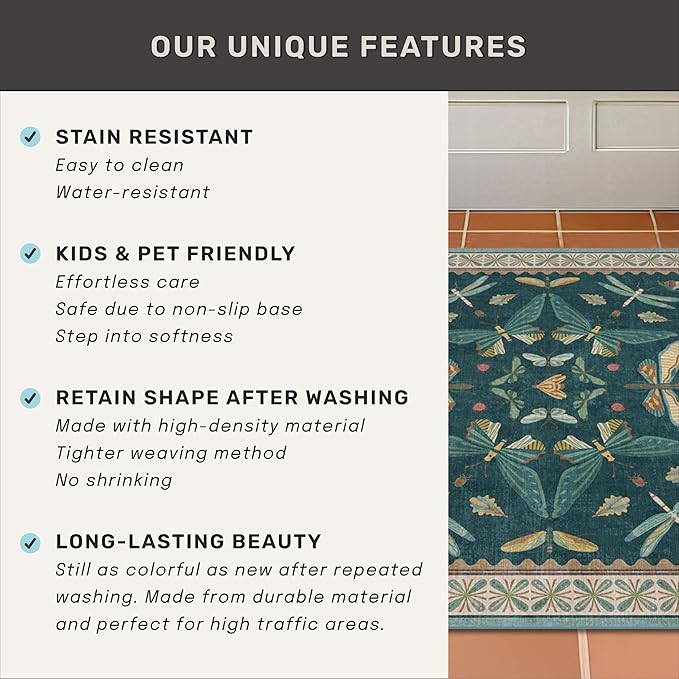 Oriental Blue and Green Area Rugs for Living Room 6x9 - Insect & Butterfly Dining Table Rug, Bedroom Boys, Washable Non Skid Rubber Backed, Vintage Funky Home Décor