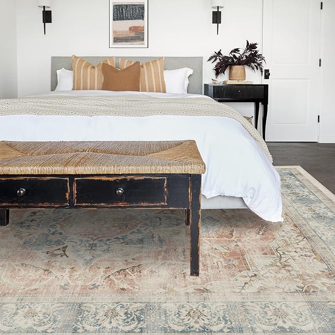 RUGGABLE Washable Vintage Area Rug – Sarrah Coral 10x14, Stain-Resistant, Non-Slip – Large Machine Washable Rugs for Living Room, Bedroom, Hallway, Entryway & Office–with Cushioned Pad