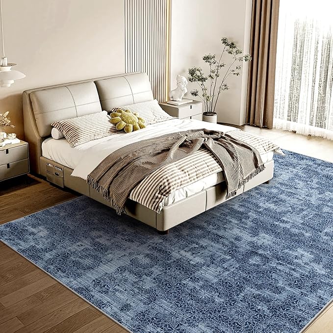 WITSHOCK 6x9 Area Rugs for Living Room: Machine Washable Non Slip Modern Abstract Carpet - Low Pile Print Rug for Bedroom Dining Room - Stain Resistant for Household - Pet Owners (Blue White)