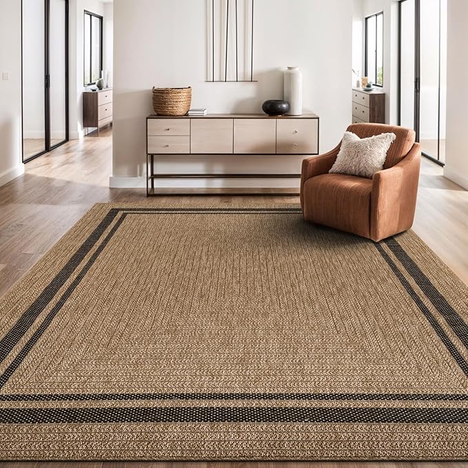 Beverly Rug Easy Jute Bordered Rug 5x7 Washable Durable Indoor Outdoor Area Rugs for Living Dining Room Patio Office Stain Resistant Non Shedding Casual Indoor Outside Carpet 5 x 7 Natural