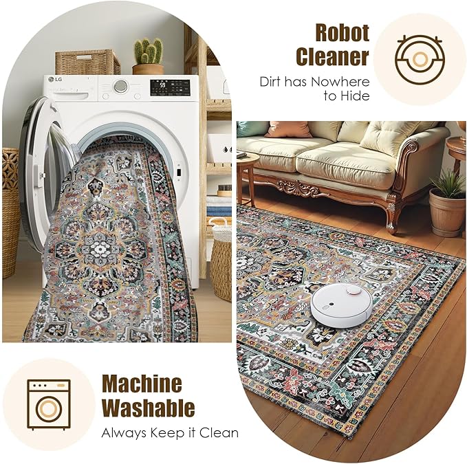 Washable Area Rug 9' x 12' Vintage Traditional Persian Mat - Foldable Distressed Non-Slip Machine Washable Carpet for Living Room Bedroom Kitchen Home Decor - Slate and Multicolor