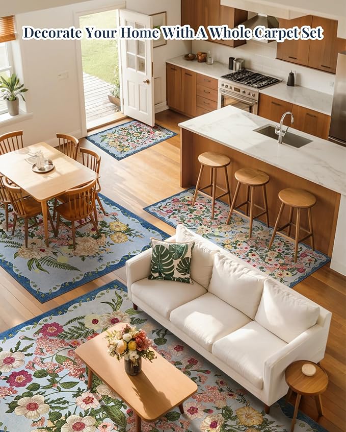 Floral Runner Rug 2x6 - Washable Vintage Kitchen Rug Low Pile Non-Slip Carpet for Entryway Hallway, Laundry, Bedroom - Soft, Stain Resistant Indoor Area Rug - Blue