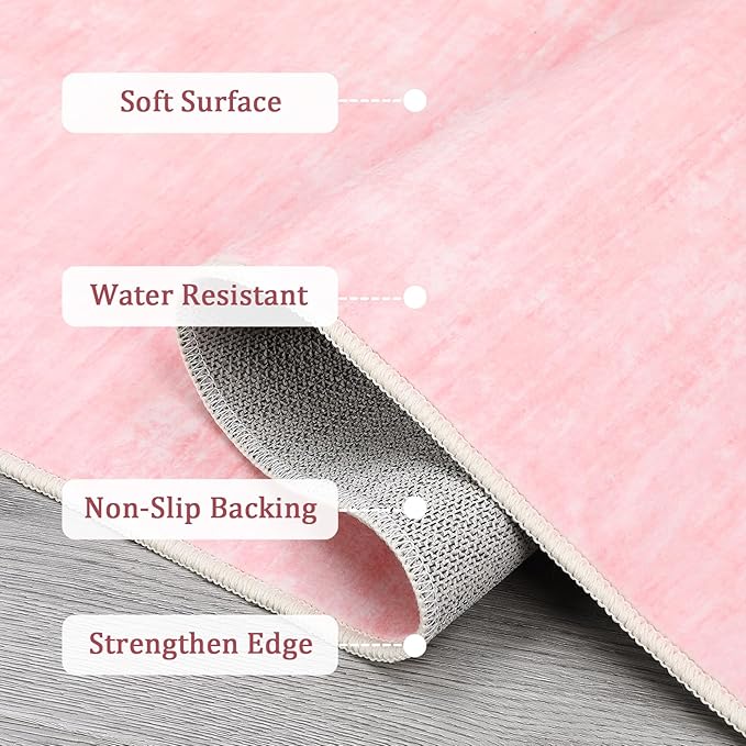 RUGSREAL Area Rug 5x7 Machine Washable Area Rug for Living Room Non-Slip Stain Resistant Modern Abstract Bedroom Rug Contemporary Solid Throw Rug Foldable Accent Floor Carpet for Dining Room, Pink
