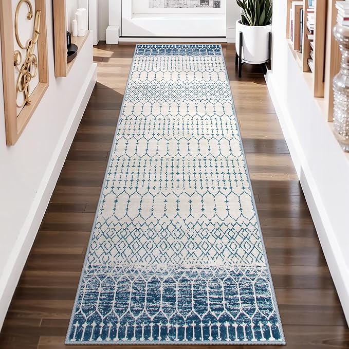 Lahome Moroccan Washable Blue Runner Rug 2x6 Rug Runners for Hallways Non Slip Throw Stain Resistant Kitchen Runners, Geometric Print Distressed Indoor Floor Rug for Entryway Bathroom Bedroom