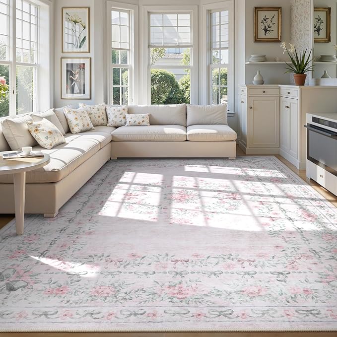 Wonnitar Washable 9x12 Area Rugs, Ultra-Thin Large Area Rug for Living Room, Pink Soft Non Slip Boho Floral Bow Apartment Decor Carpet for Big Bedroom Playroom Nursery Office, Light Pink