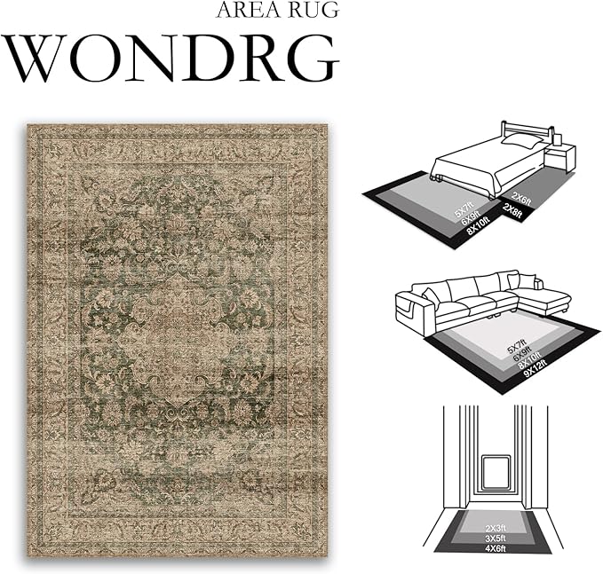 2x8 Washable Vintage Runner Rug Green Brown Hallway Kitchen Carpet Non-Slip Soft Low Pile Distressed Throw Rug for Bedroom Bathroom Laundry Living Room