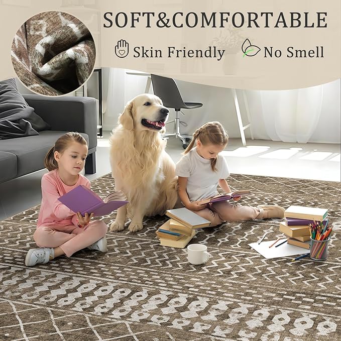 2x8 Machine Washable Runner Rug, Kitchen Hallway Area Rug, Brown Vintage Moroccan Rug Ultra Non-Slip Low Pile Soft Faux Wool Carpet, Kids and Pets Friendly for Bedroom Entryway Bedside Decor Rug