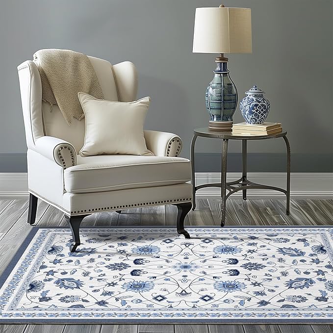 EVERGRACE Area Rugs for Living Room 4x6, Boho Floral Faux Wool Indoor Outdoor Rugs, Washable Rugs for Bedroom Entryway Dining Room Hallyway, Low Pile Floor Mat Carpet for Home Decor, Porcelain Blue