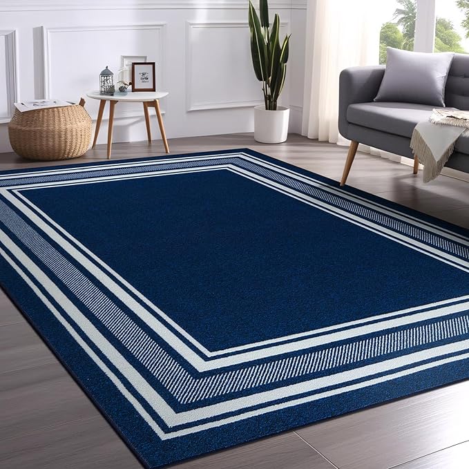 Beverly Rug Non Slip Area Rugs 5x7 Modern Bordered Non Skid Rubber Backing Soft Area Rug for Living Dining Room Easy to Clean Non Shedding Kitchen Bedroom Indoor Carpet 5 x 7 Navy