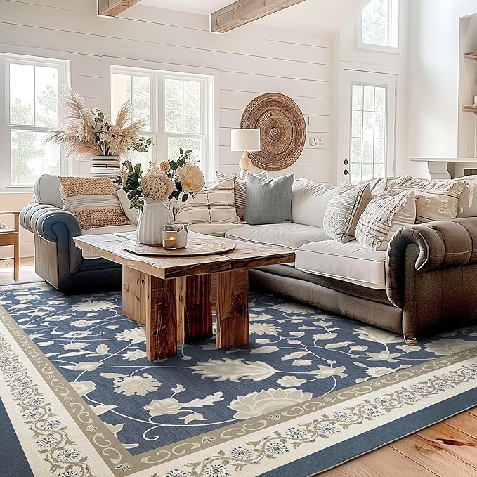 EVERGRACE Area Rugs for Living Room 9x12, Boho Floral Faux Wool Indoor Outdoor Rugs, Washable Rugs for Bedroom Dining Room Entryway Kitchen, Low Pile Floor Mat Carpet for Home Decor, Navy Blue