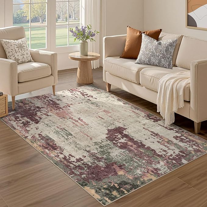 3x5 Area Rug Living Room Rugs - Washable Neutral Modern Abstract Soft Thin Rug Indoor Floor No Slip Rug Carpet for Bedroom Under Dining Table Home Office Decor - Purple/Green/Beige