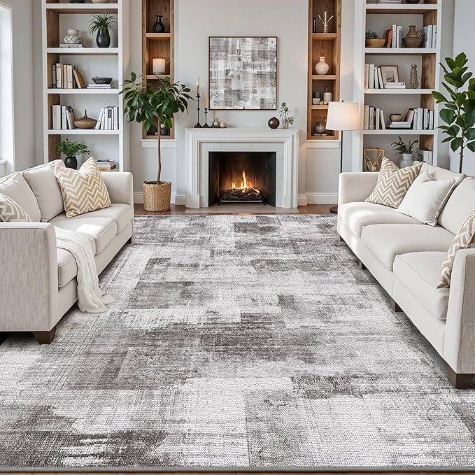 LUMI 4x6 Washable Low-Pile Area Rug for Living Room, Ultra Soft Modern Neutral Grey Rugs Non Slip with Rubber Backing, High Traffic, Stain Resistant Carpets, Ideal for Bedroom, Dining Room