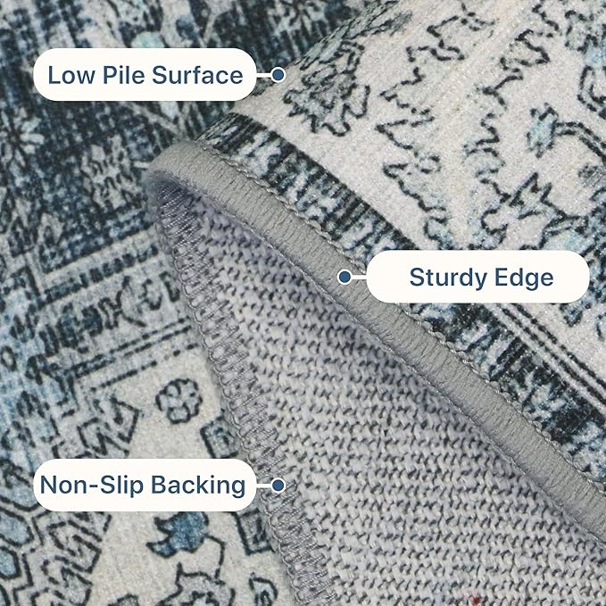 Bavni 6x9 Area Rugs for Living Room, Machine Washable Rug Non Slip, Vintage Chenille Distressed Print Carpet, Large Low Pile Ultra-Thin Lightweight Rugs for Bedroom, Dining Room, Home, Office, Blue
