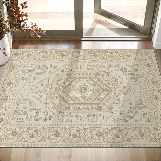 SERISSA Boho Rugs for Entryway, 2x3 Beige Entryway Rug Non-Slip Washable Small Area Rug, Ultra Soft Oriental Vintage Low-Pile Indoor Door Mat Floor Carpet for Entrance Bedroom Kitchen Bathroom